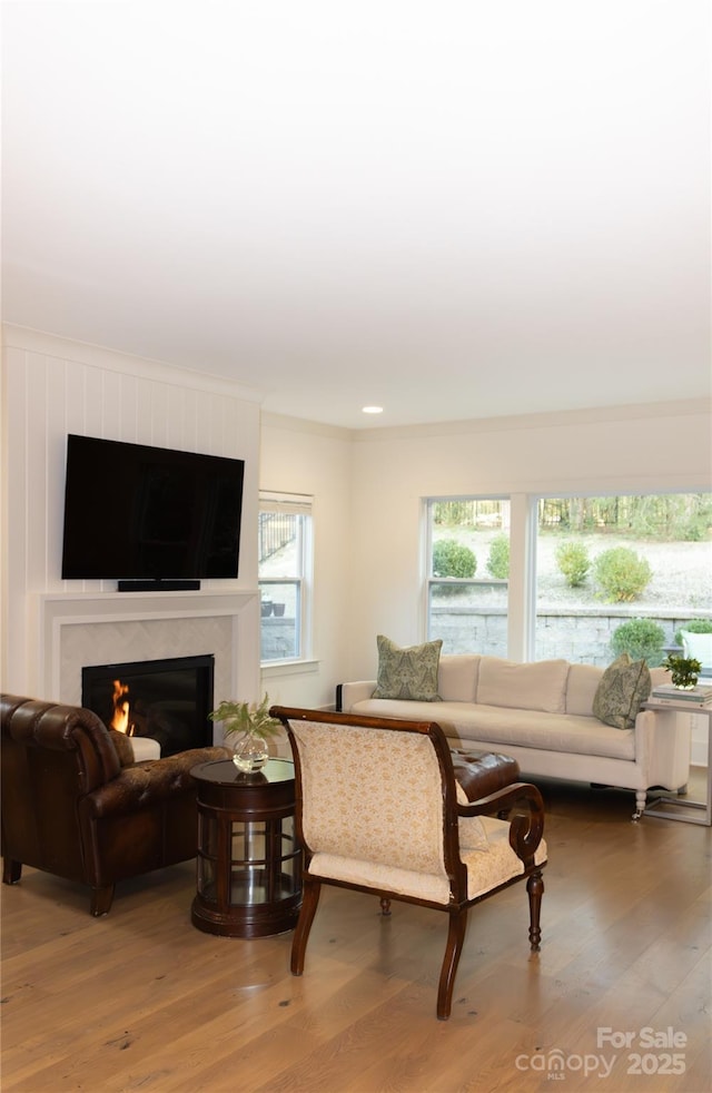 living area with light wood-type flooring, a fireplace, and crown molding