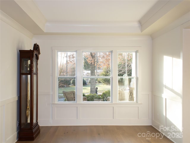 doorway to outside featuring a raised ceiling, plenty of natural light, a decorative wall, and wood finished floors