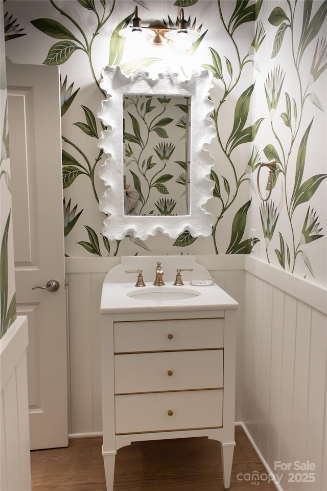 bathroom with wainscoting, wood finished floors, and vanity