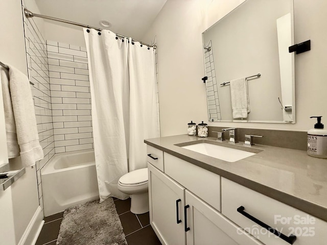 bathroom featuring toilet, tile patterned floors, shower / bathtub combination with curtain, and vanity