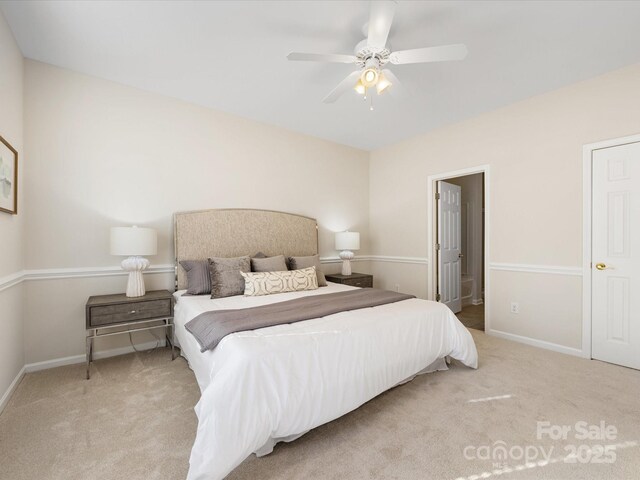 bedroom featuring baseboards, carpet, and ceiling fan