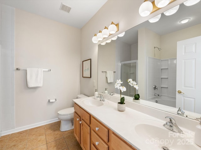 full bath with a shower, visible vents, tile patterned floors, and a sink