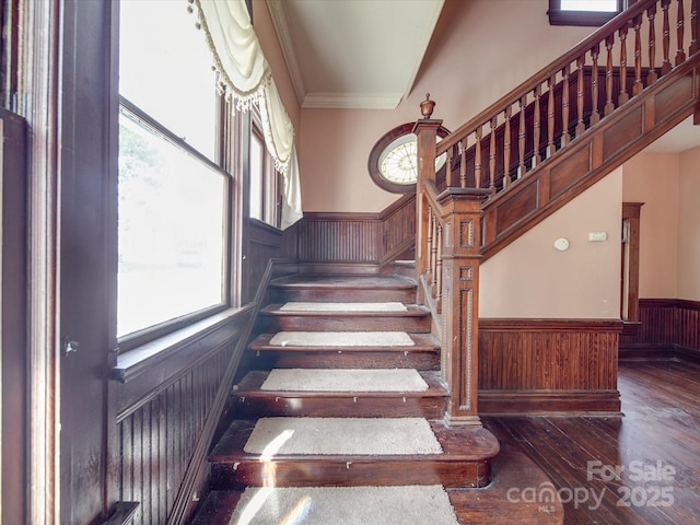 staircase with ornamental molding, wood finished floors, and wainscoting