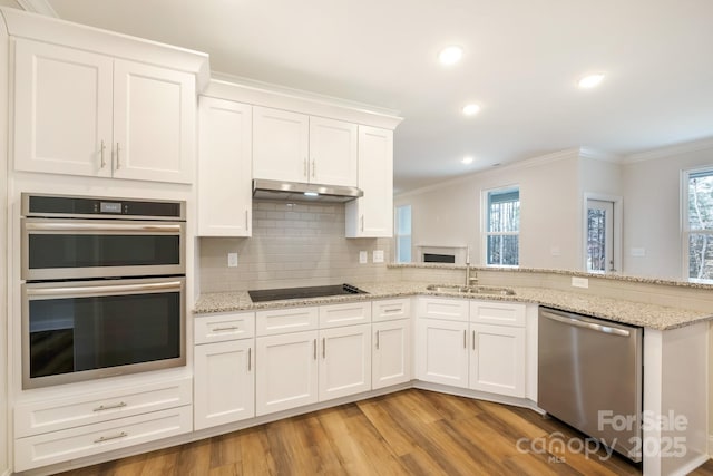 kitchen with stainless steel appliances, ornamental molding, white cabinetry, and under cabinet range hood