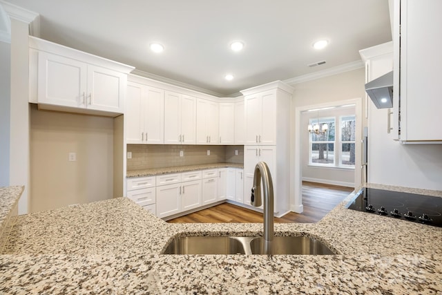 kitchen featuring under cabinet range hood, visible vents, white cabinets, and a sink