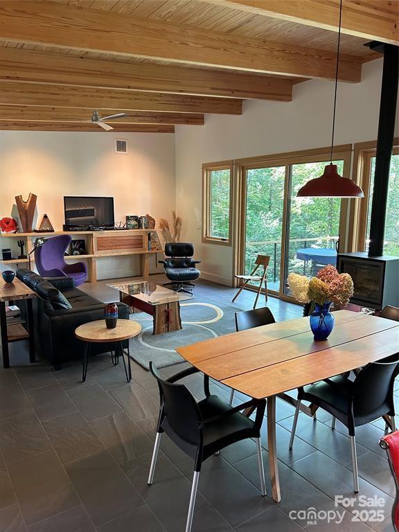 448 Mt Mitchell Dr, Burnsville, NC 28714 - dining area with wood ceiling, beam ceiling, and visible vents