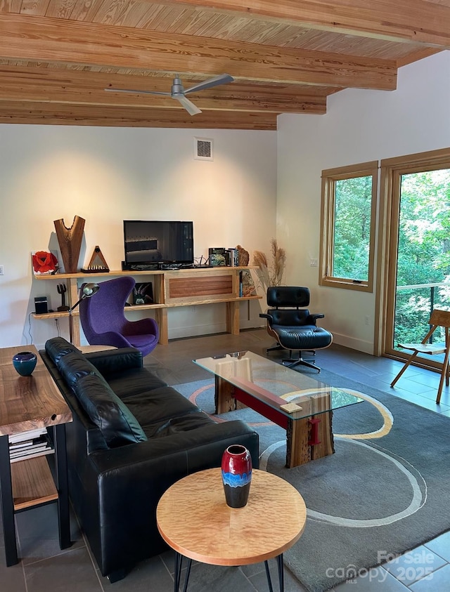 448 Mt Mitchell Dr, Burnsville, NC 28714 - living area with wood ceiling, beamed ceiling, and visible vents