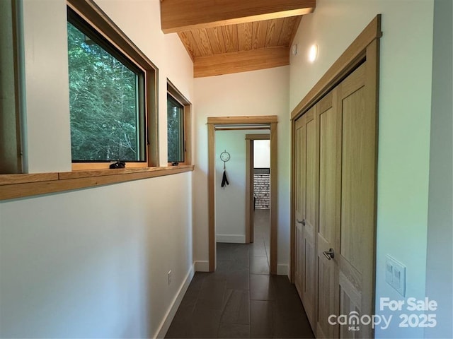448 Mt Mitchell Dr, Burnsville, NC 28714 - hallway featuring baseboards, lofted ceiling, and wooden ceiling