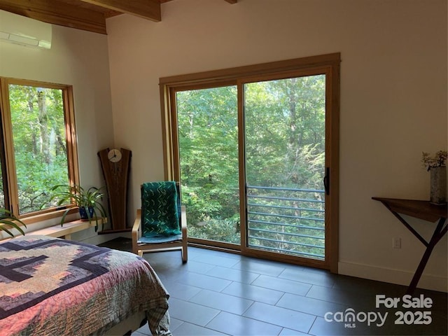 448 Mt Mitchell Dr, Burnsville, NC 28714 - tiled bedroom with baseboards, multiple windows, an AC wall unit, and beamed ceiling