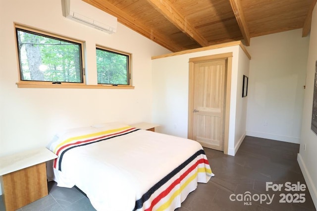 448 Mt Mitchell Dr, Burnsville, NC 28714 - bedroom featuring baseboards, lofted ceiling with beams, a wall mounted AC, and wood ceiling