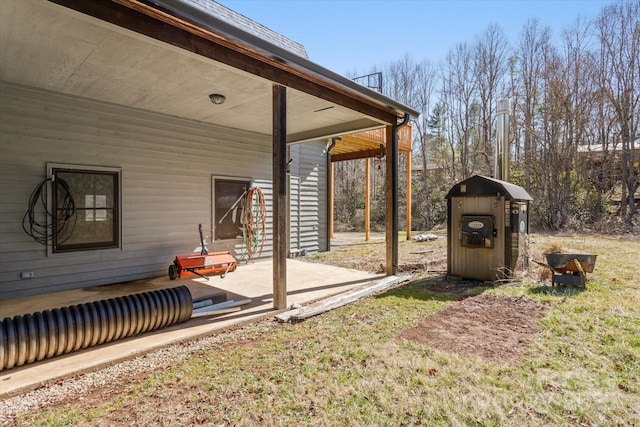 view of yard with a patio area and an outdoor structure