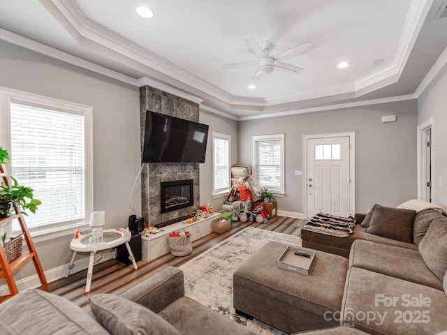 living area with a raised ceiling, crown molding, a fireplace, and a wealth of natural light