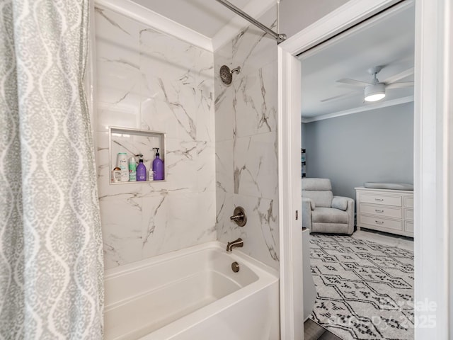 bathroom featuring crown molding, a ceiling fan, and shower / bathtub combination with curtain