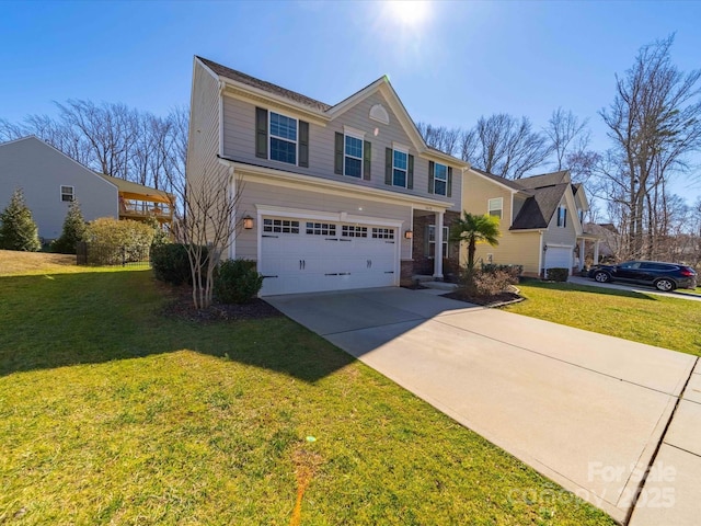 traditional home with a garage, concrete driveway, and a front yard