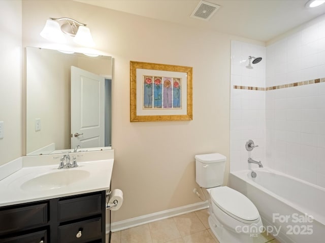 bathroom with shower / bath combination, visible vents, toilet, vanity, and tile patterned floors