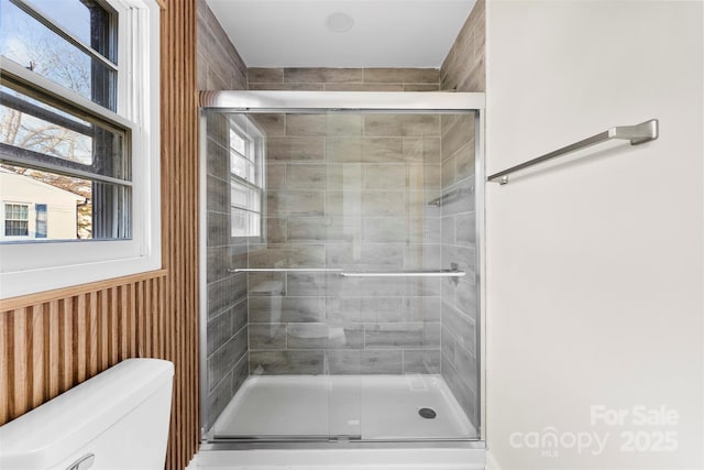 full bathroom with plenty of natural light, a shower stall, and toilet