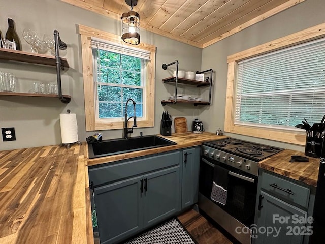 kitchen featuring a sink, open shelves, wooden counters, and electric stove