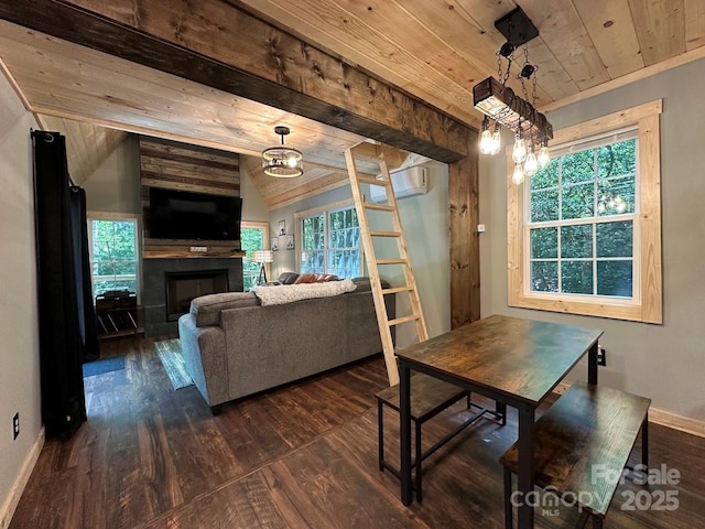 dining space with wooden ceiling, plenty of natural light, a fireplace, and dark wood finished floors