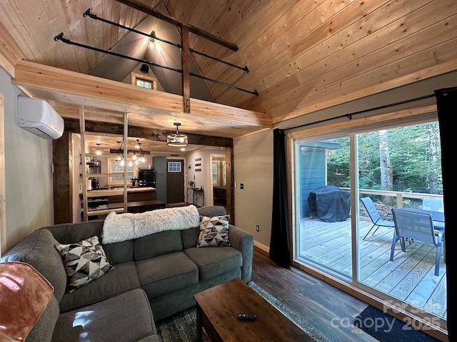 living area featuring vaulted ceiling with beams, wood ceiling, wood finished floors, a wall mounted air conditioner, and baseboards