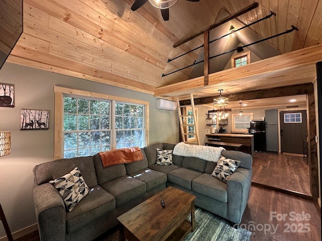 living area with ceiling fan, wood ceiling, dark wood-style floors, beamed ceiling, and a wall mounted air conditioner