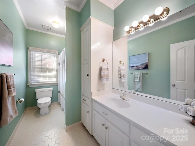 full bath with crown molding, toilet, vanity, baseboards, and tile patterned floors