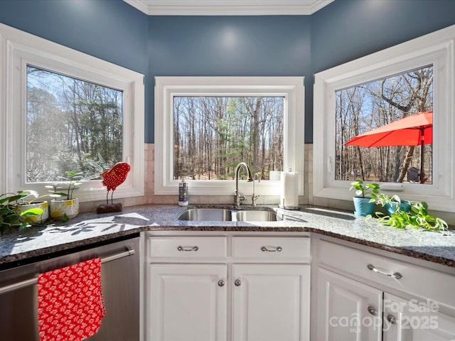 kitchen featuring light stone countertops, dishwasher, a wealth of natural light, and a sink