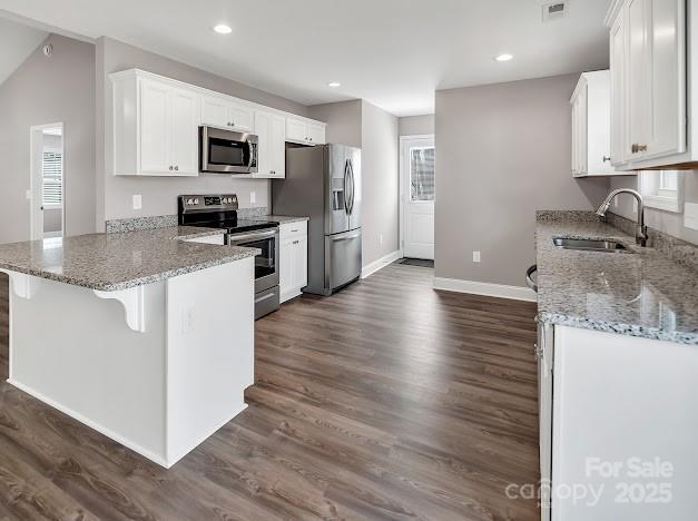 kitchen with stainless steel appliances, dark wood finished floors, a sink, and a peninsula