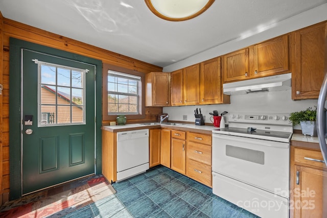 kitchen featuring brown cabinets, light countertops, a sink, white appliances, and under cabinet range hood