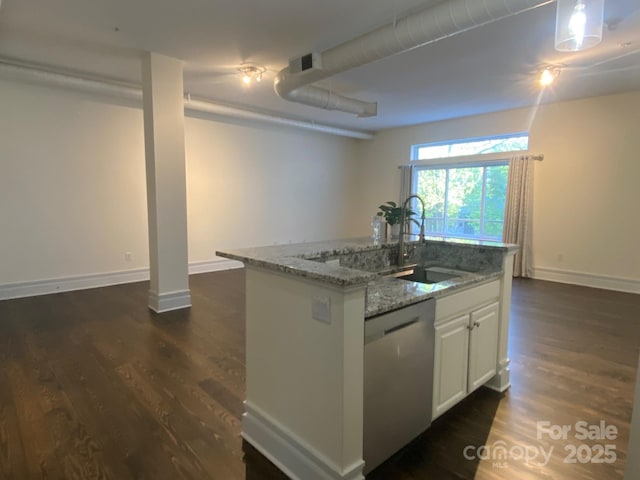 404 N Laurel Ave Unit 28, Charlotte, NC 28204 - kitchen featuring dishwasher, light stone countertops, dark wood-style floors, and a sink