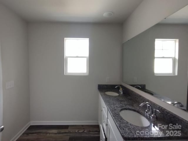 bathroom with wood finished floors, a sink, and baseboards