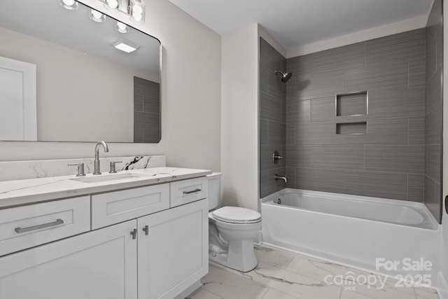 full bathroom with toilet, visible vents, vanity, marble finish floor, and shower / bathing tub combination