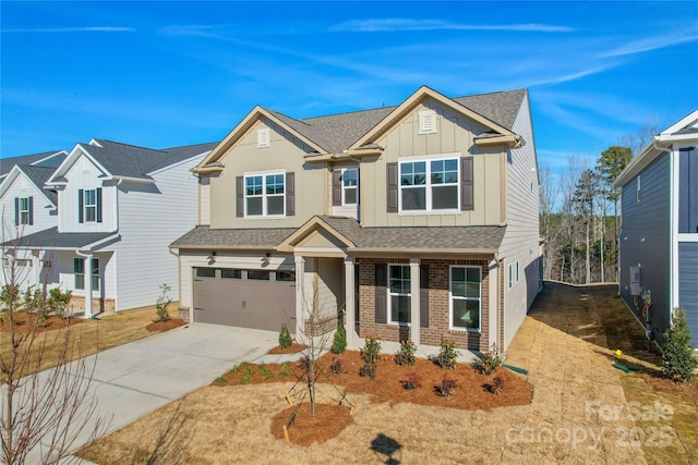 13729 Roderick Dr Unit 188, Huntersville, NC 28078 - view of front of house with a garage, board and batten siding, concrete driveway, brick siding, and roof with shingles