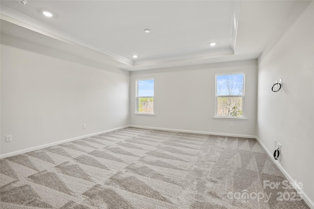 empty room with a raised ceiling, carpet flooring, and baseboards