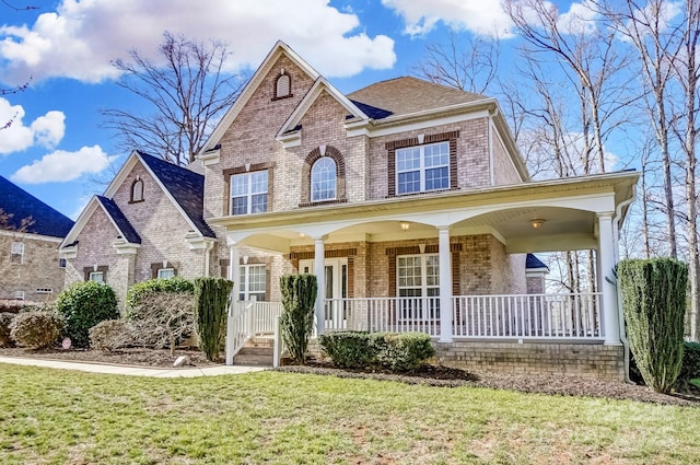 view of front facade featuring covered porch, roof with shingles, a front yard, and brick siding