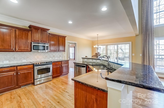 kitchen with a sink, stainless steel appliances, crown molding, light wood-type flooring, and backsplash