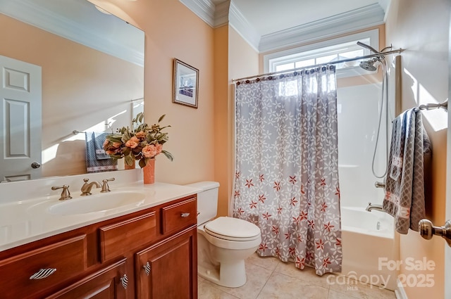 full bathroom featuring shower / tub combo with curtain, toilet, ornamental molding, vanity, and tile patterned flooring