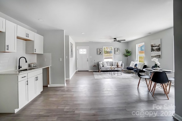 kitchen with dark wood-style flooring, tasteful backsplash, light countertops, white cabinetry, and a sink