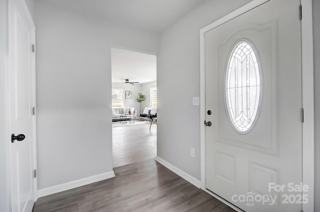 entrance foyer featuring ceiling fan, plenty of natural light, wood finished floors, and baseboards