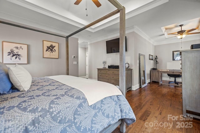 bedroom with ornamental molding, wood finished floors, a ceiling fan, and baseboards