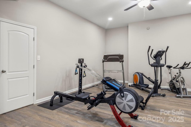 exercise area with wood finished floors, a ceiling fan, and baseboards