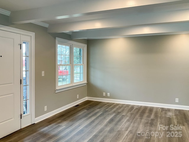 foyer featuring visible vents, baseboards, dark wood-style flooring, and beamed ceiling