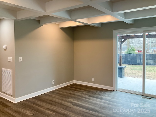 unfurnished room with dark wood-style floors, baseboards, and visible vents