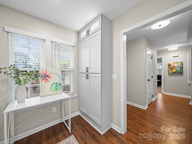 foyer with baseboards and dark wood-style flooring