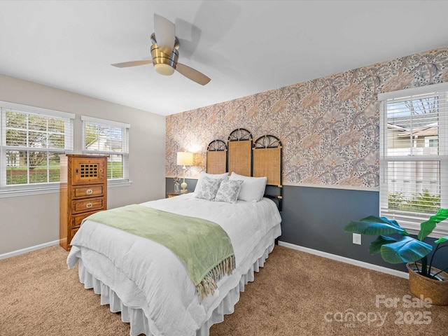 bedroom with baseboards, carpet, and wallpapered walls