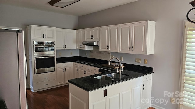 kitchen featuring under cabinet range hood, a peninsula, dark wood-type flooring, a sink, and appliances with stainless steel finishes