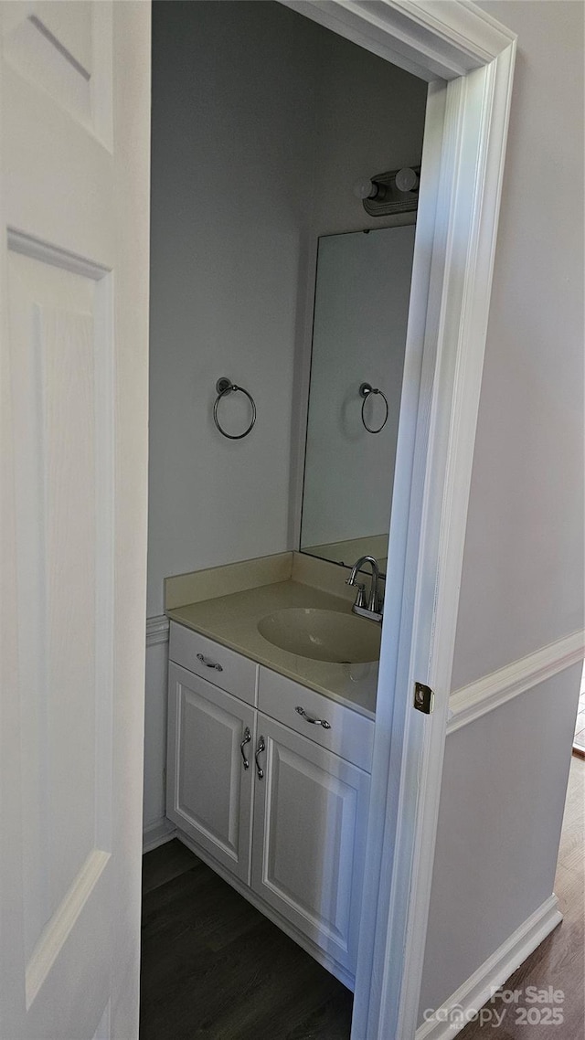 bathroom with wood finished floors and vanity