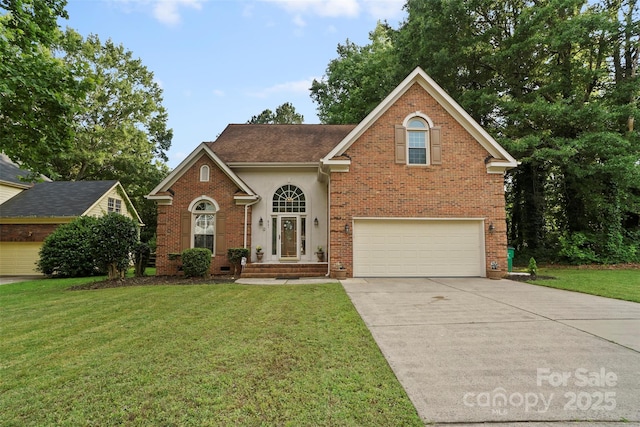 8731 Sheltonham Way, Charlotte, NC 28216 - traditional-style house featuring an attached garage, concrete driveway, a front lawn, brick siding, and roof with shingles