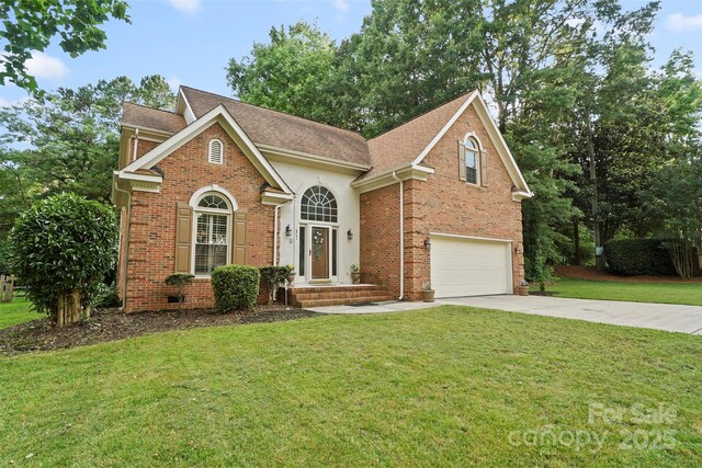 8731 Sheltonham Way, Charlotte, NC 28216 - view of front of property with brick siding, concrete driveway, an attached garage, and roof with shingles