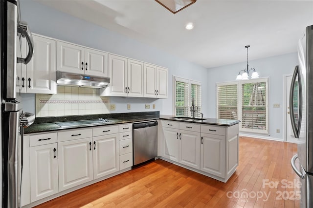8731 Sheltonham Way, Charlotte, NC 28216 - kitchen with stainless steel appliances, under cabinet range hood, white cabinets, light wood finished floors, and a peninsula