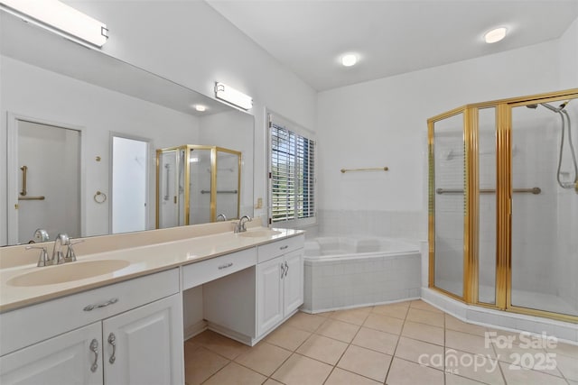 8731 Sheltonham Way, Charlotte, NC 28216 - full bath featuring double vanity, tile patterned floors, a stall shower, and a bath